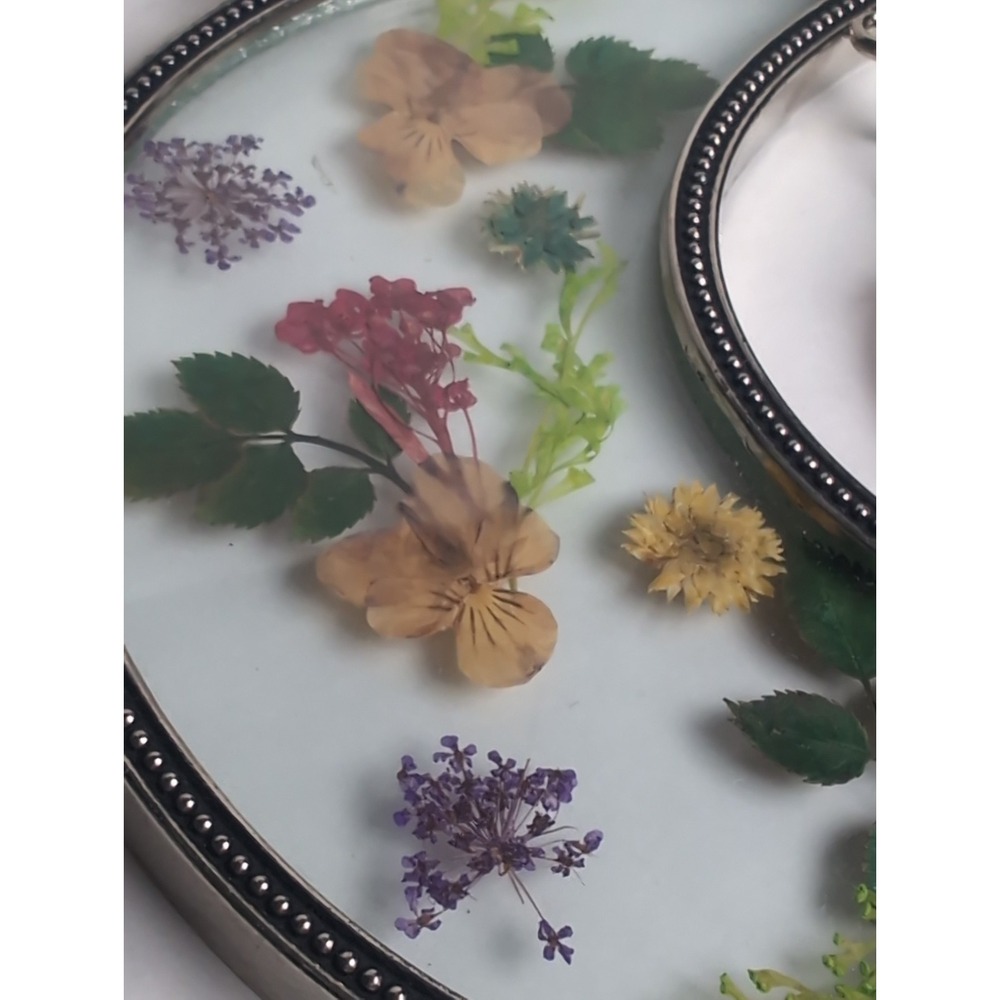 Vintage Dried Pressed Flowers Glass Metal half Moon Frame Hanging W/Rose Quartz - Picture 7 of 13